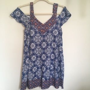 Blue and white tribal boho shoulder-less dress